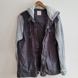 So Utility Canvas Jersey Sleeve Hooded Jacket Cinch Waist Gray Large